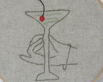 SALE! Martini Cocktail Hoop Art Whimsical Minimalist Embroidery