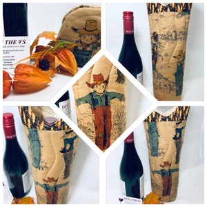 Harvest Time Scarecrows Wine Bag Hostess Gift Thanksgiving Wine Bottle Bag image 1