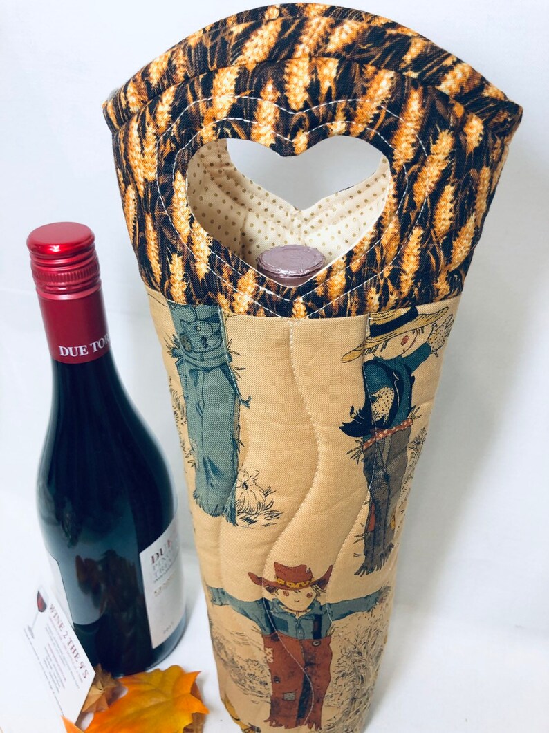 Harvest Time Scarecrows Wine Bag Hostess Gift Thanksgiving Wine Bottle Bag image 3