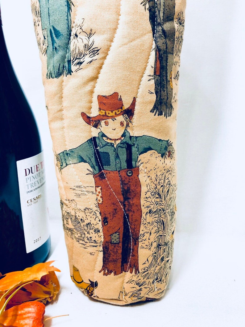 Harvest Time Scarecrows Wine Bag Hostess Gift Thanksgiving Wine Bottle Bag image 2