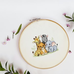 Safari Animals Embroidery File Elephant Giraffe Lion Zebra Jungle Animal Design for Baby Clothes Nursery Decor Quilt and Machine Stitching