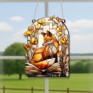 Fox and Book Suncatcher, Woodland Reading Nook Decor, Faux Stained Glass Window Hanging, Nature Lover Gift, Floral Fox Window Art,