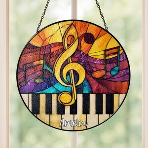 Custom Name Music Teacher Suncatcher, Musical Note Glass Window Hanging, Personalized Music Gift, Music Lover Ornament Decor
