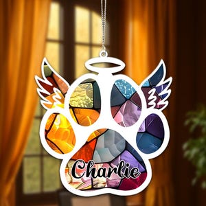 Custom Name Paw with Wings Suncatcher Ornament, Custom Pet Portrait Suncatcher, Dog Memorial Suncatcher, Pet Loss Gift, Dog Lover Keepsake