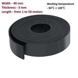 May include: A rolled-up black rubber strip. The width is 40 mm, the thickness is 3 mm, and the length ranges from 1 to 50 meters. It has a working temperature range of -50°C to +130°C.