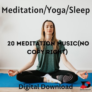 Puede incluir: Una persona en una postura de yoga sentada sobre una esterilla azul, con el texto "Meditation/Yoga/Sleep" y "20 MEDITATION MUSIC(NO COPY RIGHT)". También son visibles las palabras "Digital Download".