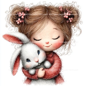 May include: A digital illustration of a girl with brown hair and pink flowers in her hair, hugging a white bunny with pink-lined ears. The girl is wearing a red sweater, and both have closed eyes, conveying a sense of peace and affection.