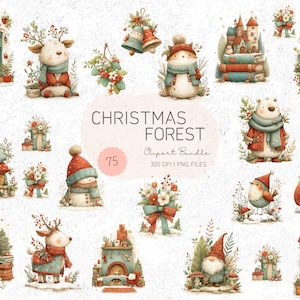 May include: Watercolor clipart bundle featuring Christmas-themed illustrations. Includes images of a reindeer, snowman, bear, and other festive characters. The text "Christmas Forest" is displayed with the number "75" and the words "300 DPI | PNG FILES".
