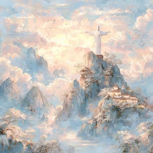 May include: A white statue of Christ the Redeemer stands atop a jagged mountain peak, overlooking a landscape of rocky cliffs, tiered buildings, and soft, pastel-coloured clouds in shades of light blue, peach, and white under a bright sky.