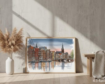 Amsterdams silhuett - väggkonsttryck: Pastelllandskap - reseposter (digital nedladdning)