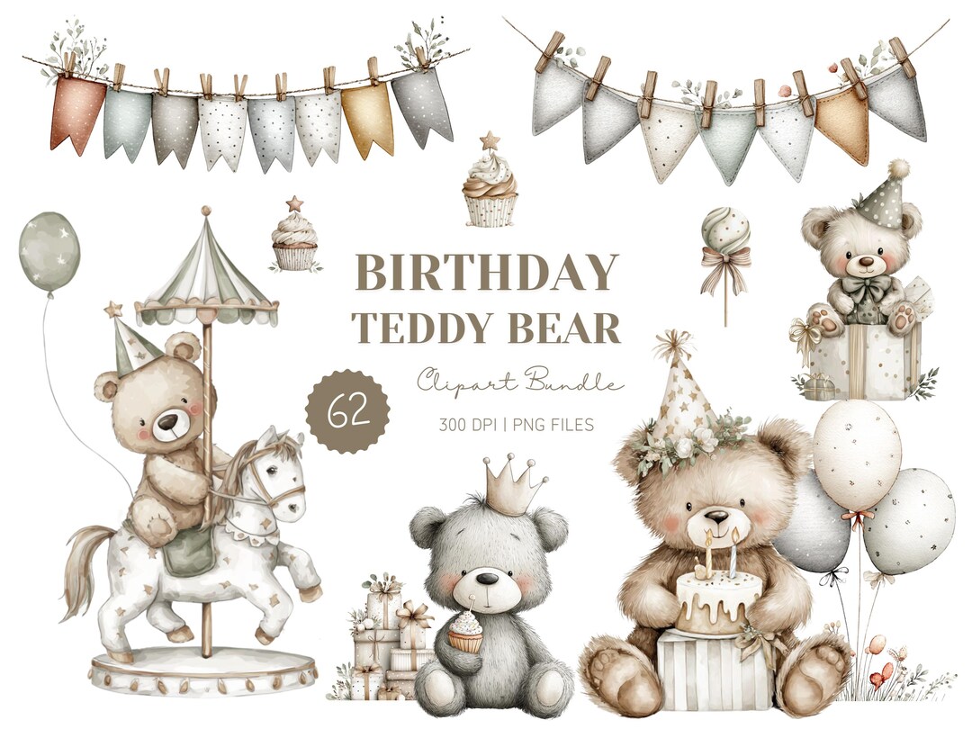 Birthday Teddy Bear Clipart Set: 62 Transparent PNG in Soft Neutral ...