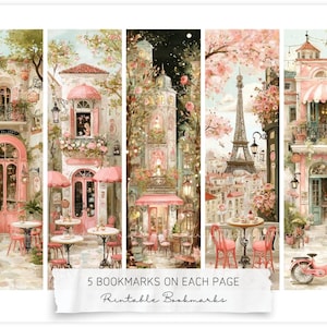 Puede incluir: Ilustración en acuarela de cinco marcadores de libros con escenas parisinas. Cada marcador representa un edificio diferente con detalles en rosa, cafés y la Torre Eiffel. El texto "5 BOOKMARKS ON EACH PAGE Printable Bookmarks" está en la parte inferior.