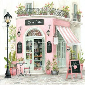 Puede incluir: Pintura a la acuarela de un café rosa con el texto "Care Cafe". El café tiene un toldo a rayas, una pequeña mesa con sillas y plantas en macetas. Una pizarra negra muestra una ilustración de rosa.