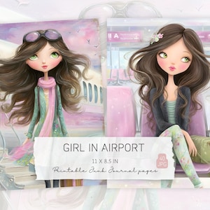 Pode incluir: Duas páginas de diário de lixo imprimíveis com ilustrações de uma menina em um cenário de aeroporto. A obra de arte inclui uma menina com cabelo castanho comprido, óculos de sol e um lenço rosa. As páginas medem 27,9 x 21,6 cm.