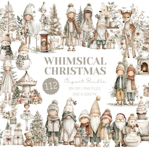 May include: A collection of whimsical Christmas-themed clip art illustrations. The image features various characters, including gnomes, snowmen, and children, along with Christmas trees, gifts, and a deer. The color palette is soft, with muted tones of beige, white, and green.