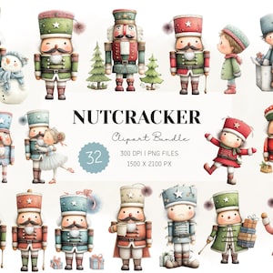 May include: A collection of watercolor illustrations featuring nutcrackers, a snowman, and children in winter attire. The images are in a whimsical style, with soft colors and details. The text "NUTCRACKER Clipart Bundle" is also present.