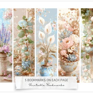May include: Set of five printable bookmarks featuring watercolor floral arrangements. Each bookmark showcases a different floral design, including lavender, peonies, and calla lilies, in soft pastel colors. The text "5 BOOKMARKS ON EACH PAGE Printable Bookmarks" is visible.