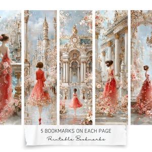 May include: Set of five printable bookmarks featuring watercolor illustrations of women in red dresses in a romantic, floral setting. The text on the image reads "5 Bookmarks on Each Page Printable Bookmarks."