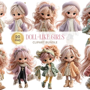 May include: A digital clipart bundle featuring 10 doll-like girls with long, wavy hair and stylish outfits. The dolls are dressed in various pastel-colored coats, sweaters, and dresses. The image includes the text "20 PNG" and "DOLL-LIKE GIRLS CLIPART BUNDLE".