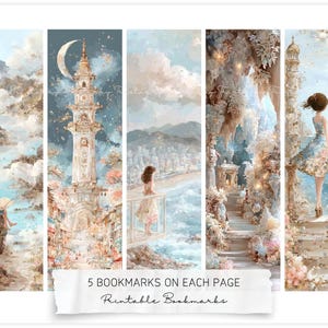May include: Set of five printable bookmarks featuring watercolor illustrations of scenic landscapes with figures. The bookmarks have a soft color palette of blues, pinks, and creams. Text on the image reads "5 Bookmarks on Each Page Printable Bookmarks."
