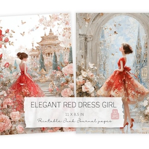Puede incluir: Dos páginas de diario imprimibles con una mujer con un vestido rojo. Una imagen la muestra en un jardín, la otra bajo un arco. El texto dice "ELEGANT RED DRESS GIRL" y "11 x 8.5 IN" (27,9 x 21,6 cm).
