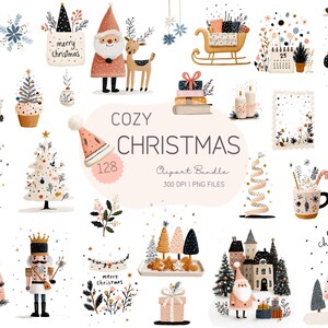 May include: A digital clipart bundle with a cozy Christmas theme. The image features various illustrations, including Santa Claus, reindeer, Christmas trees, ornaments, and the text "Cozy Christmas". The bundle includes 128 clipart elements in PNG format.