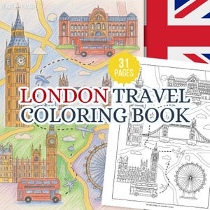 Peut inclure: Un livre de coloriage de voyage à Londres avec 31 pages. La couverture présente une illustration colorée des monuments de Londres, dont Big Ben, un bus à impériale rouge et le London Eye. Un dessin au trait en noir et blanc d'icônes de Londres est également montré.