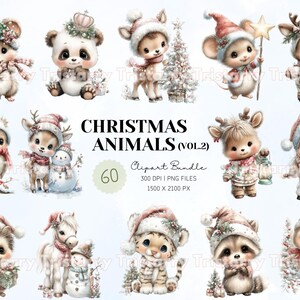 May include: A collection of watercolor Christmas animal clipart. The image features various animals, including a mouse, panda, deer, and owl, all dressed in festive winter attire. The text "CHRISTMAS ANIMALS (VOL.2)" is displayed prominently.