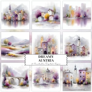 Puede incluir: Una colección de nueve impresiones de arte digital estilo acuarela con paisajes austriacos, incluyendo escenas de pueblos, vistas de montañas y monumentos arquitectónicos en colores pastel con el texto DREAMY AUSTRIA 25 Printable Digital Pages.