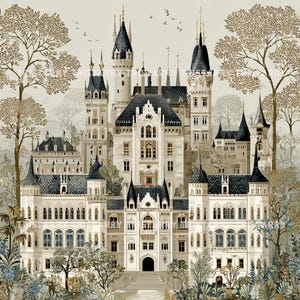 Peut inclure: Illustration d'un grand château avec de multiples tours et flèches. Le château est principalement blanc avec des toits noirs et gris, sur fond d'arbres et de ciel clair. L'œuvre a un style architectural détaillé.