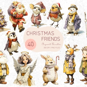 May include: Watercolor illustrations of Christmas characters, including Santa Claus, a snowman, a penguin, and a rabbit holding a candy cane. The image includes a Christmas tree and the text "Christmas Friends".