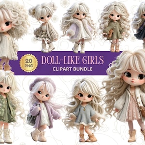 May include: A digital clipart bundle featuring nine doll-like girls with large eyes and curly blonde hair. Each doll is dressed in a unique outfit, including coats, dresses, and sweaters. The text "DOLL-LIKE GIRLS CLIPART BUNDLE" is displayed on a purple background.