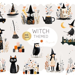 May include: A collection of whimsical, witch-themed clipart illustrations. The images include a witch on a broom, a black cat, a witch's hat, a black car, an owl, a teapot, a backpack, and other related elements. The text "Witch Themed" is also present.