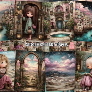 Puede incluir: Una colección de impresiones de arte digital con temática de viajes por Oriente Medio. Las imágenes presentan ilustraciones de arquitectura, paisajes y figuras de muñecas en diversos entornos. La paleta de colores incluye rosas, azules y verdes suaves.