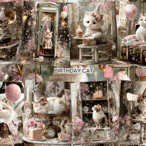 May include: A collage of images featuring cats in a whimsical birthday theme. Cats are depicted with party hats, cupcakes, and balloons. The images have a vintage, pastel color palette with floral and decorative elements. Text reads "BIRTHDAY CAT".