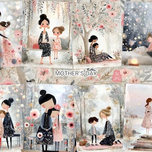 May include: A collection of watercolor illustrations with a Mother's Day theme. The images depict mothers and children in various scenes, including reading, swinging, and walking. Soft colors and floral elements create a gentle and loving atmosphere.