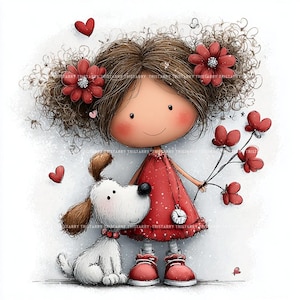 May include: A charming illustration of a girl in a red dress with white polka dots, holding red flowers and a small dog. The girl has brown curly hair with red flower hair clips. Red hearts float in the background.