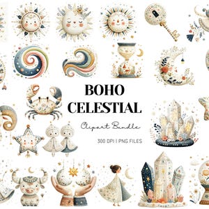 Op de afbeelding: Een verzameling aquarel illustraties met een boho hemels thema. De afbeeldingen bevatten lachende zonnen, manen, sterren en dierenriem dieren. De tekst "BOHO CELESTIAL Clipart Bundle" wordt weergegeven.
