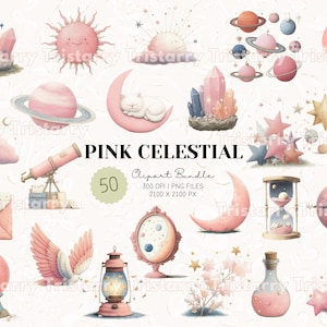 May include: A collection of pink celestial-themed clip art elements, including planets, moons, stars, crystals, and a telescope. The words "PINK CELESTIAL" are displayed, along with "Clipart Bundle" and the number "50". The image has a watercolor style.