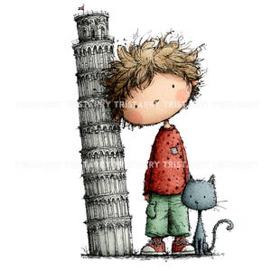 Puede incluir: Ilustración caprichosa de un niño con un suéter rojo y pantalones verdes, apoyado en la Torre Inclinada de Pisa. Un gato gris está sentado al lado del niño. La imagen tiene un estilo dibujado a mano con fondo blanco.