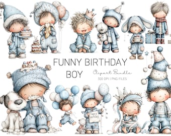 Può includere: Illustrazioni ad acquerello di ragazzi dei cartoni animati in abiti blu, alcuni con torte di compleanno, palloncini e orsacchiotti. Il testo recita "FUNNY BIRTHDAY BOY Clipart Bundle 300 DPI | PNG FILES."