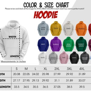 May include: Color and size chart for hoodies, featuring a white hoodie diagram with measurements in inches. Includes a color palette with options like light blue, gold, and maroon. Size chart shows width, length, and sleeve length.
