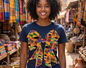Kente Bow Shirt, Afro Queen Graphic Tee, African Print Top