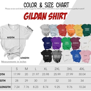 May include: A Gildan shirt color and size chart. The chart displays various shirt colors, including red, orange, and green. Measurements are in inches, with sizes ranging from S to 5XL. The width of the shirt ranges from 17.99 to 31.97 inches.