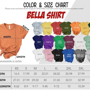 May include: A color and size chart for Bella shirts, featuring a variety of shirt colors and size measurements in inches. The chart includes colors like light blue, yellow, red, and green, with sizes ranging from XS to 4XL.