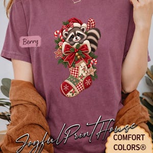 Christmas Raccoon Stocking Shirt, Cute Raccoon Christmas Tee, Vintage Patchwork Stocking Graphic, Animal Holiday Shirt, Raccoon Lover Gift