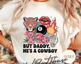 Aber Papa Er ist ein Cowboy Shirt Retro Western Cowgirl Grafik T-Shirt Leopard Lippen Würfel Country Girl Outfit Geschenk für ihr trendiges ästhetisches Shirt