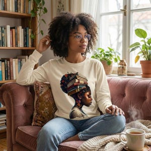 Black Woman Reading T-Shirt, Book Lover Art Tee, Educated Queen image 3
