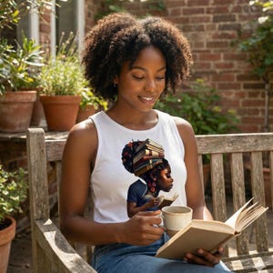 May include: A white tank top featuring a graphic of a woman with books stacked on her head, holding a book and a mug. The woman in the image is sitting on a wooden bench, reading a book.