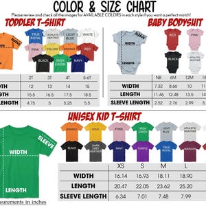 May include: Color and size chart for toddler t-shirts, baby bodysuits, and unisex kid t-shirts. The chart includes measurements in inches for width, length, and sleeve length, along with available colors for each style.